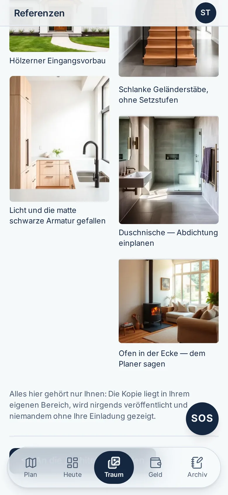 Das Ideenboard: gespeicherte Referenzen für Innenraum und Fassade mit eigenen Notizen.