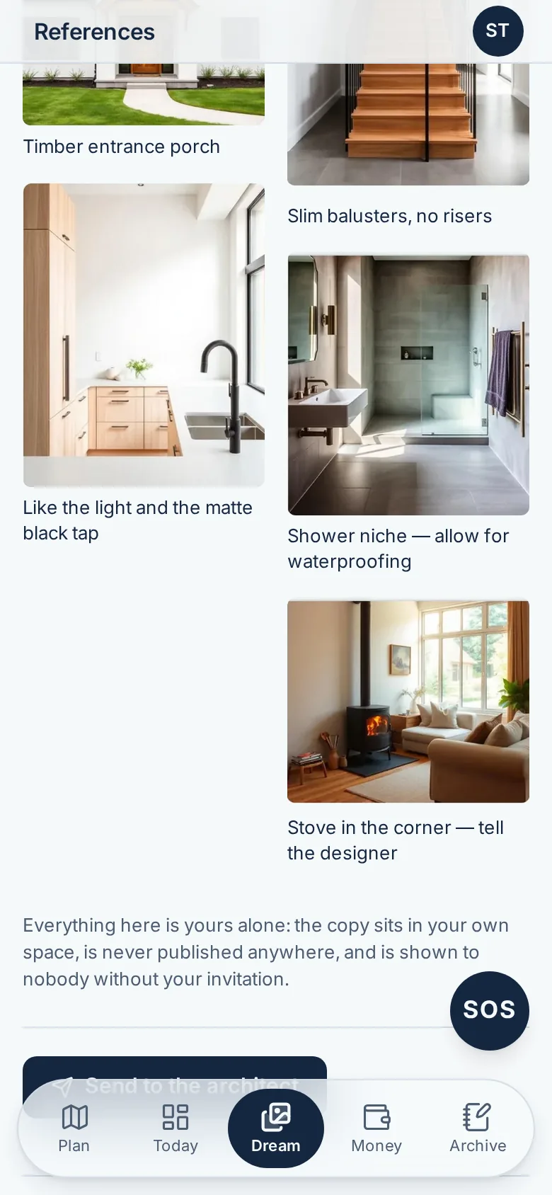 The dream board: saved interior and façade references with the owner's own notes.
