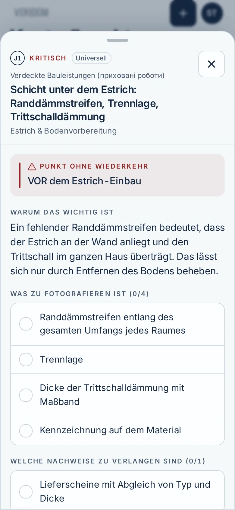 Eine Kontrollpunkt-Karte: der Punkt ohne Wiederkehr, was zu fotografieren und welche Unterlagen zu verlangen sind.