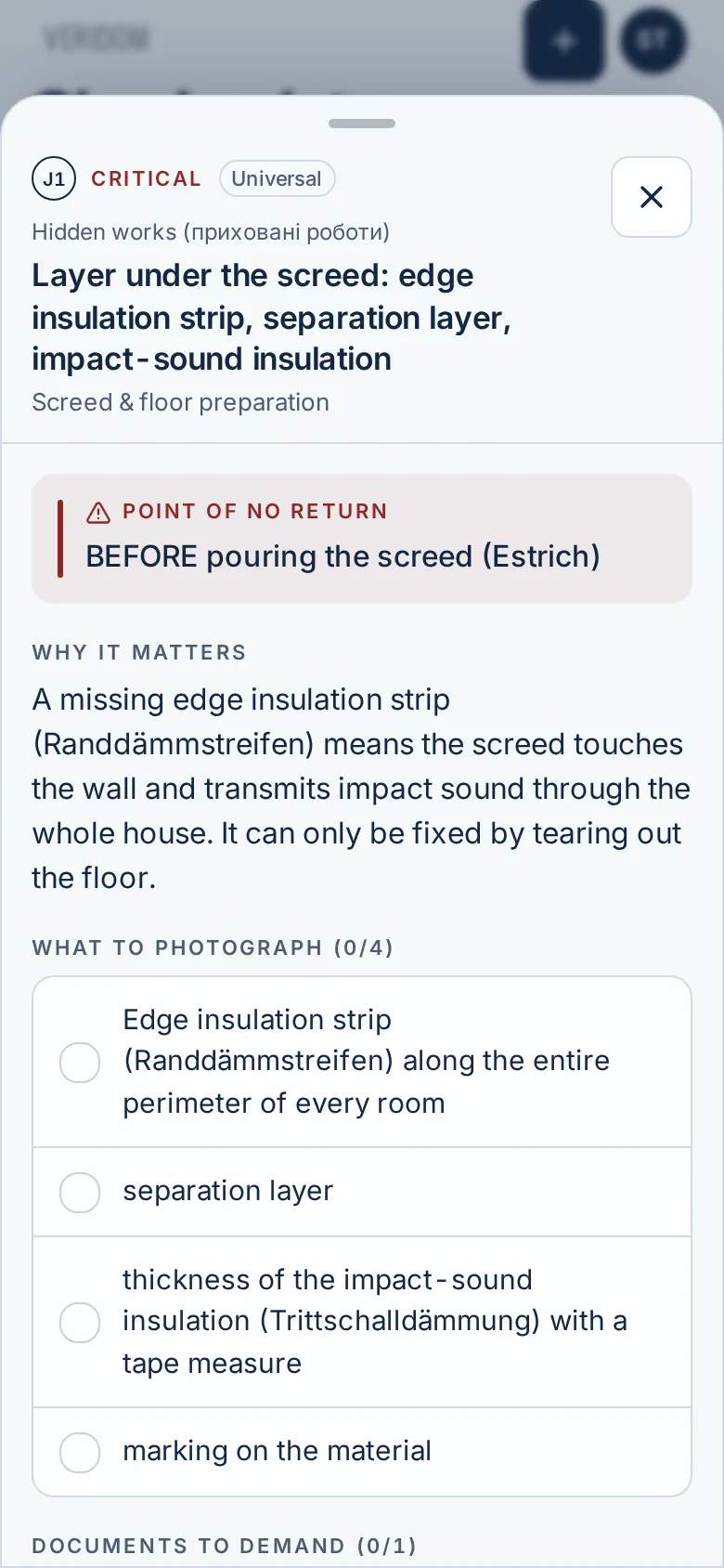 A checkpoint card: the point of no return, what to photograph and which documents to demand before the work is closed up.